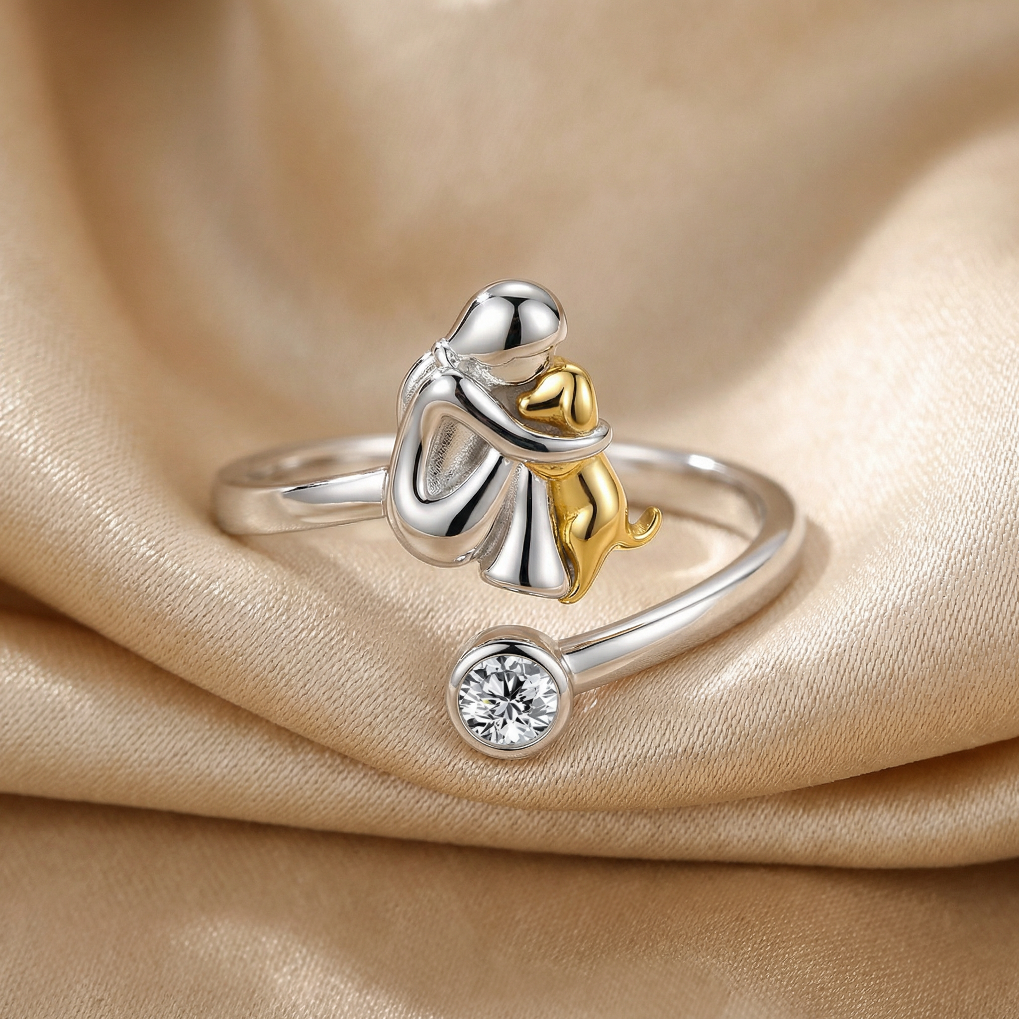 "Forever in Your Heart" Dog Hug 925 Sterling Silver with Zirconia – Adjustable Ring