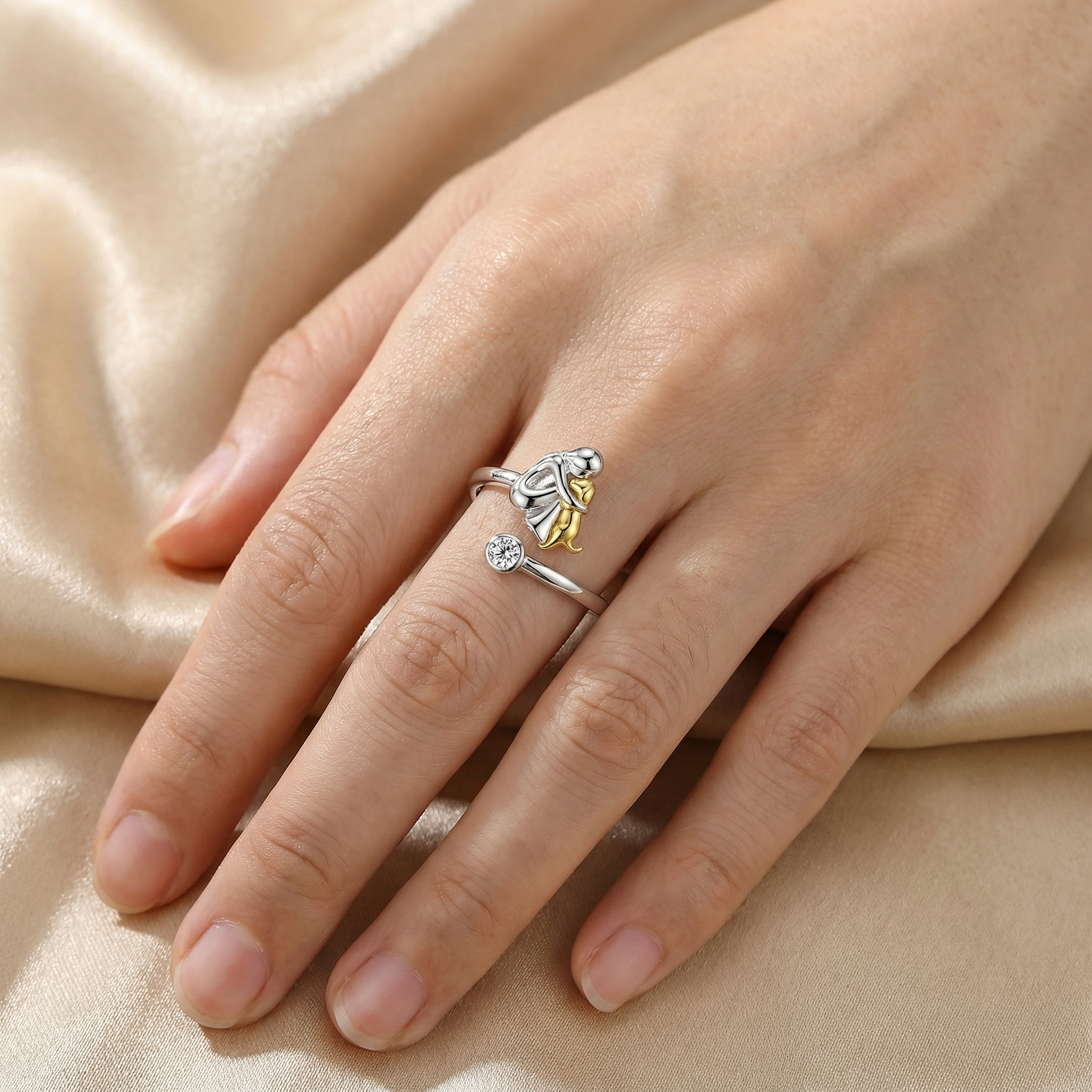 "Forever in Your Heart" Dog Hug 925 Sterling Silver with Zirconia – Adjustable Ring