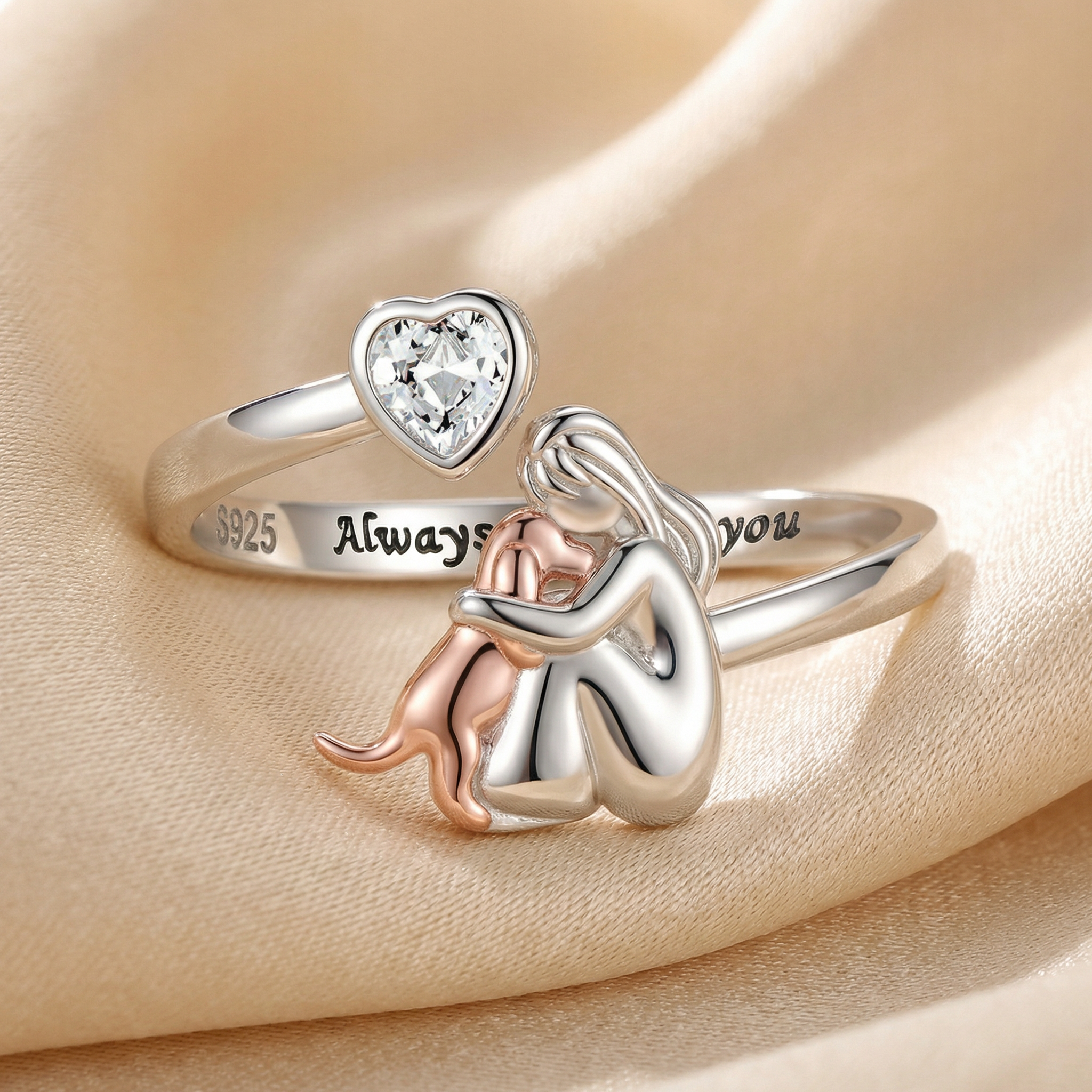 Adjustable Dog Ring in 925 Sterling Silver – “Always in My Heart” with Zirconia