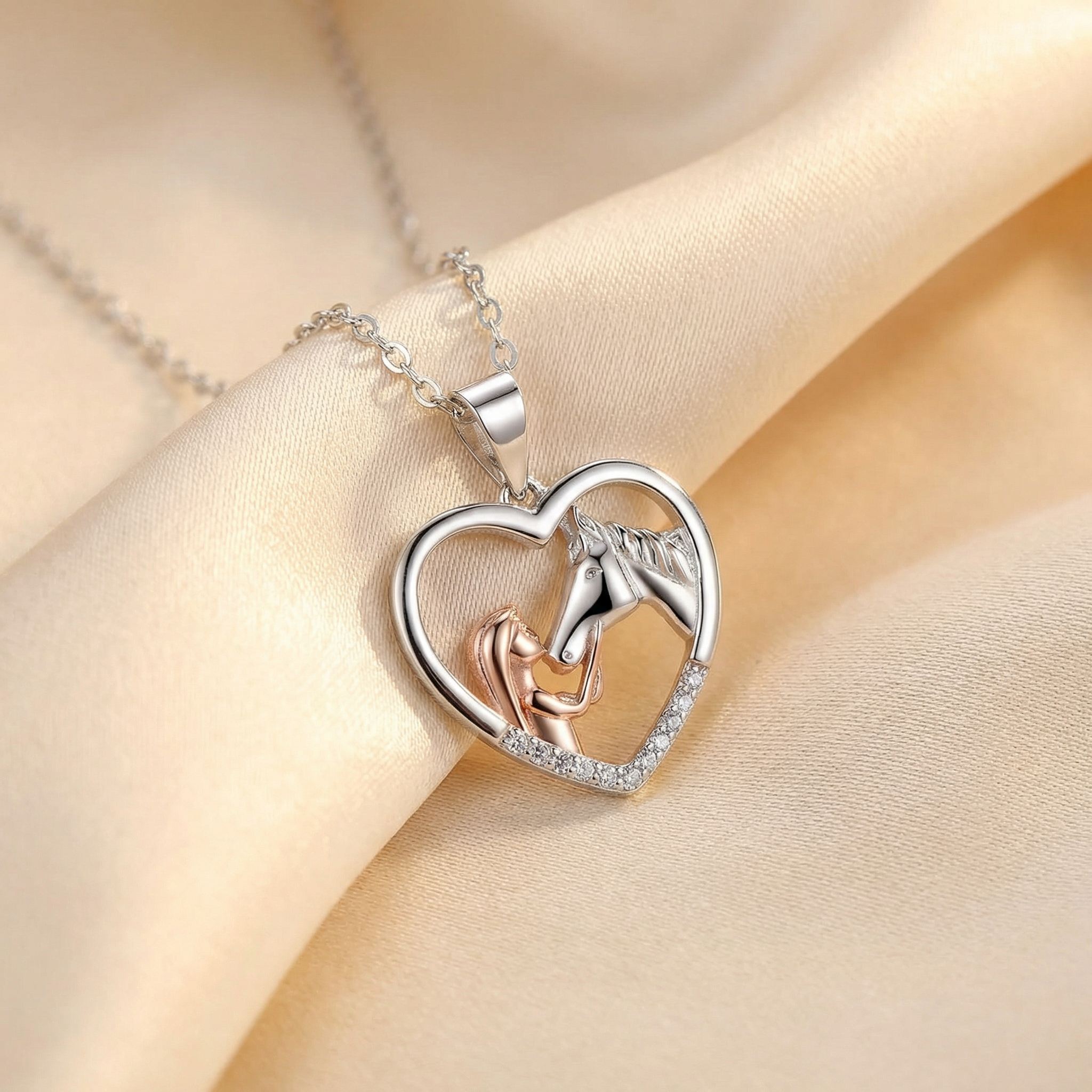 Beautiful Heart Zircon Girl and Horse Necklace