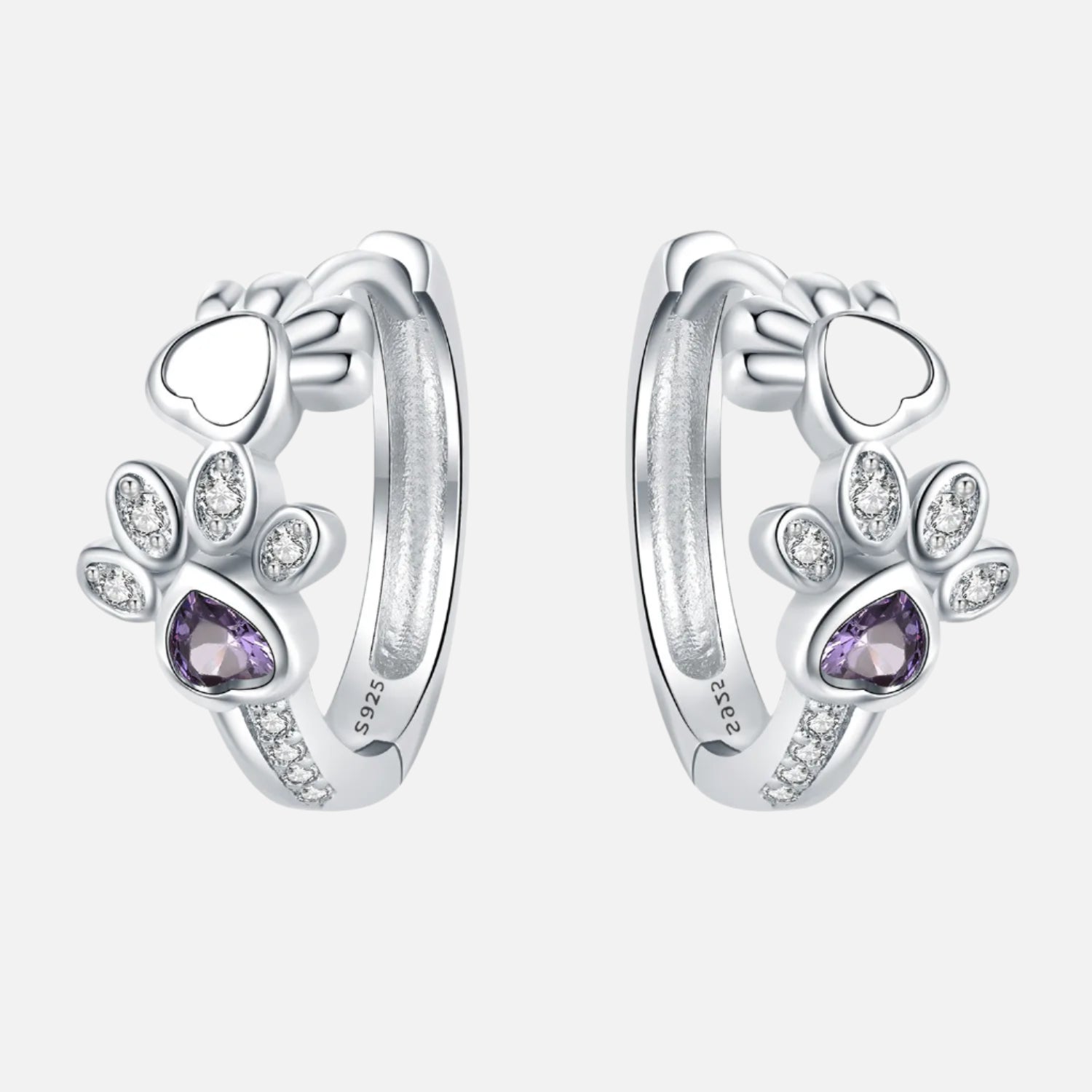 Paw Huggie Earrings in 925 Sterling Silver – With Zirconia and Heart Gem