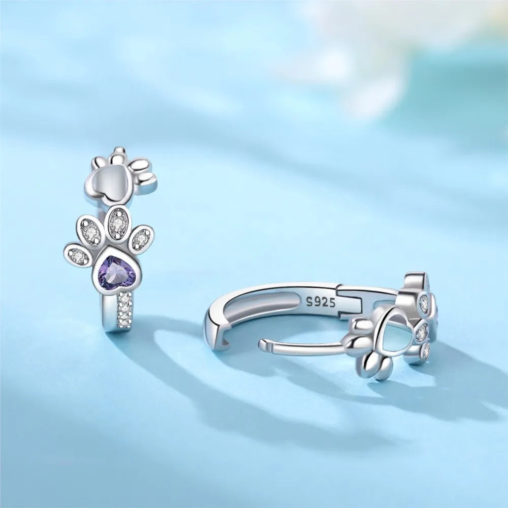 Paw Huggie Earrings in 925 Sterling Silver β With Zirconia and Heart Gem