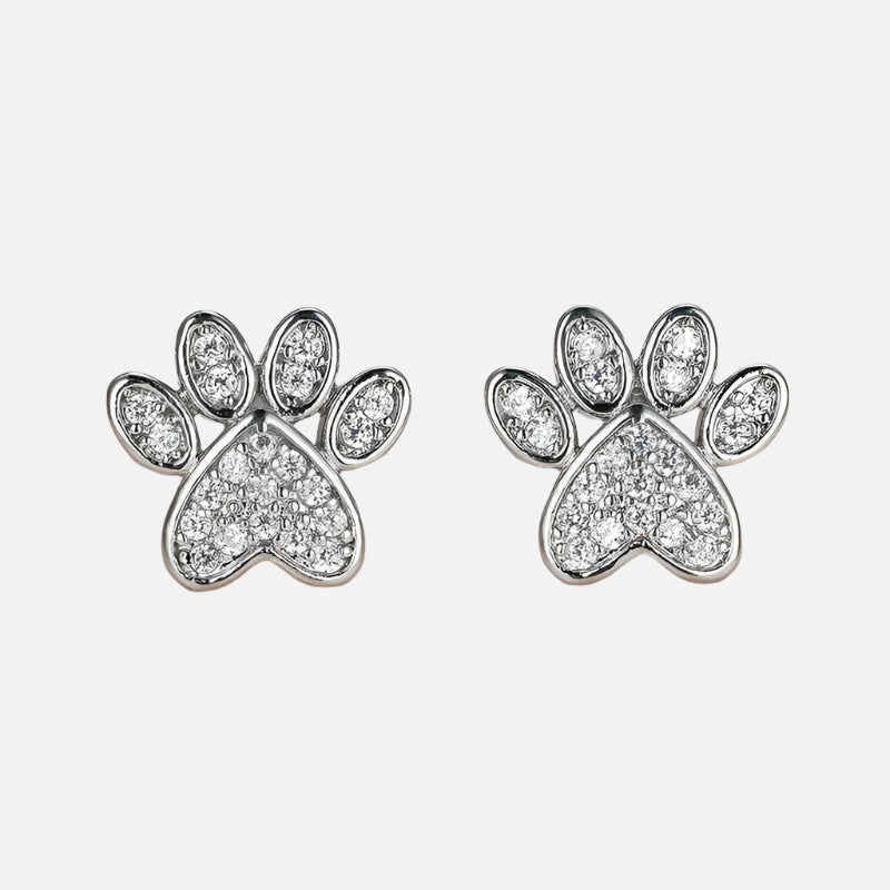 White Zirconia Paw Studs – Heart-Shaped Design