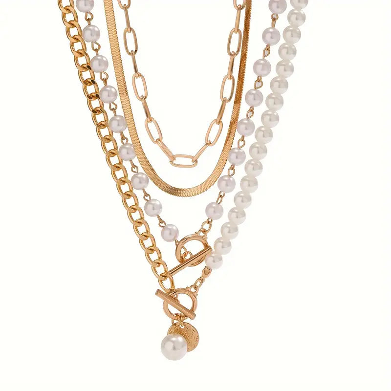 Vintage Pearl and Gold Snake Chain Necklace Set