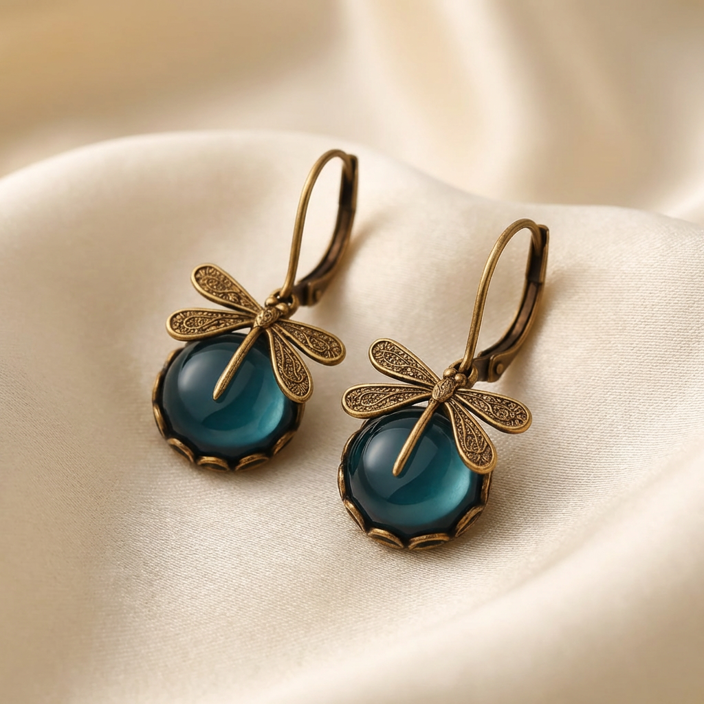 Spherical Dragonfly Earrings in Antique Gold