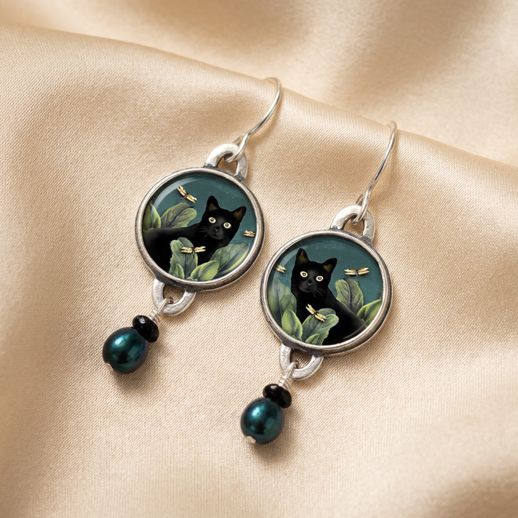Vintage Tropical Black Cat Dangle Earrings