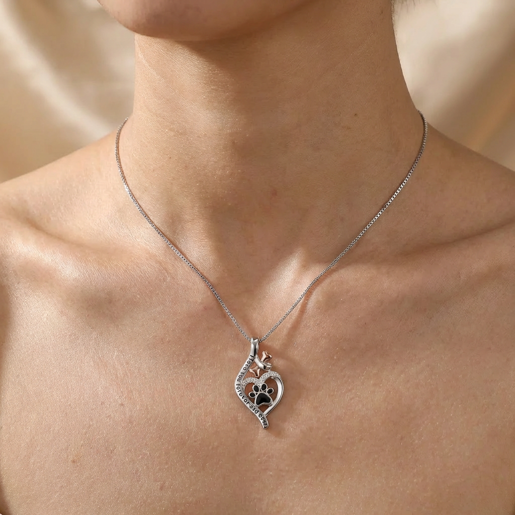 Lucky Paw Necklace with Heart, Bone & Infinity – “Always in My Heart” Pendant