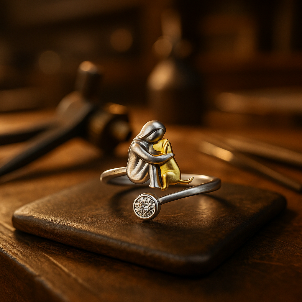 "Forever in Your Heart" Dog Hug 925 Sterling Silver with Zirconia – Adjustable Ring