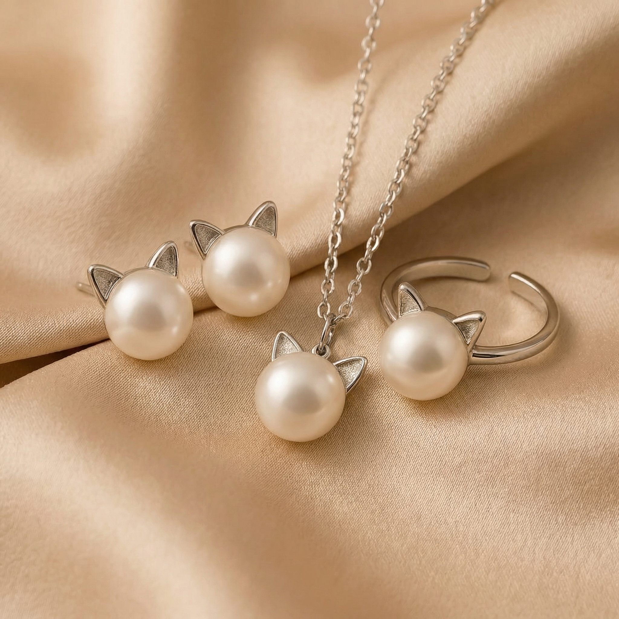 Beautiful Pearl Cat Necklace with Bonus Earrings + Ring