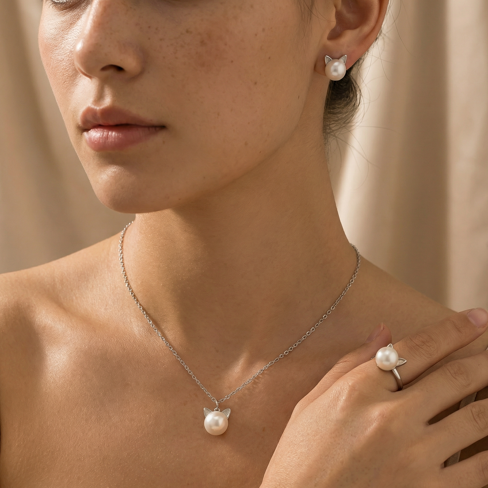 Beautiful Pearl Cat Necklace with Bonus Earrings + Ring