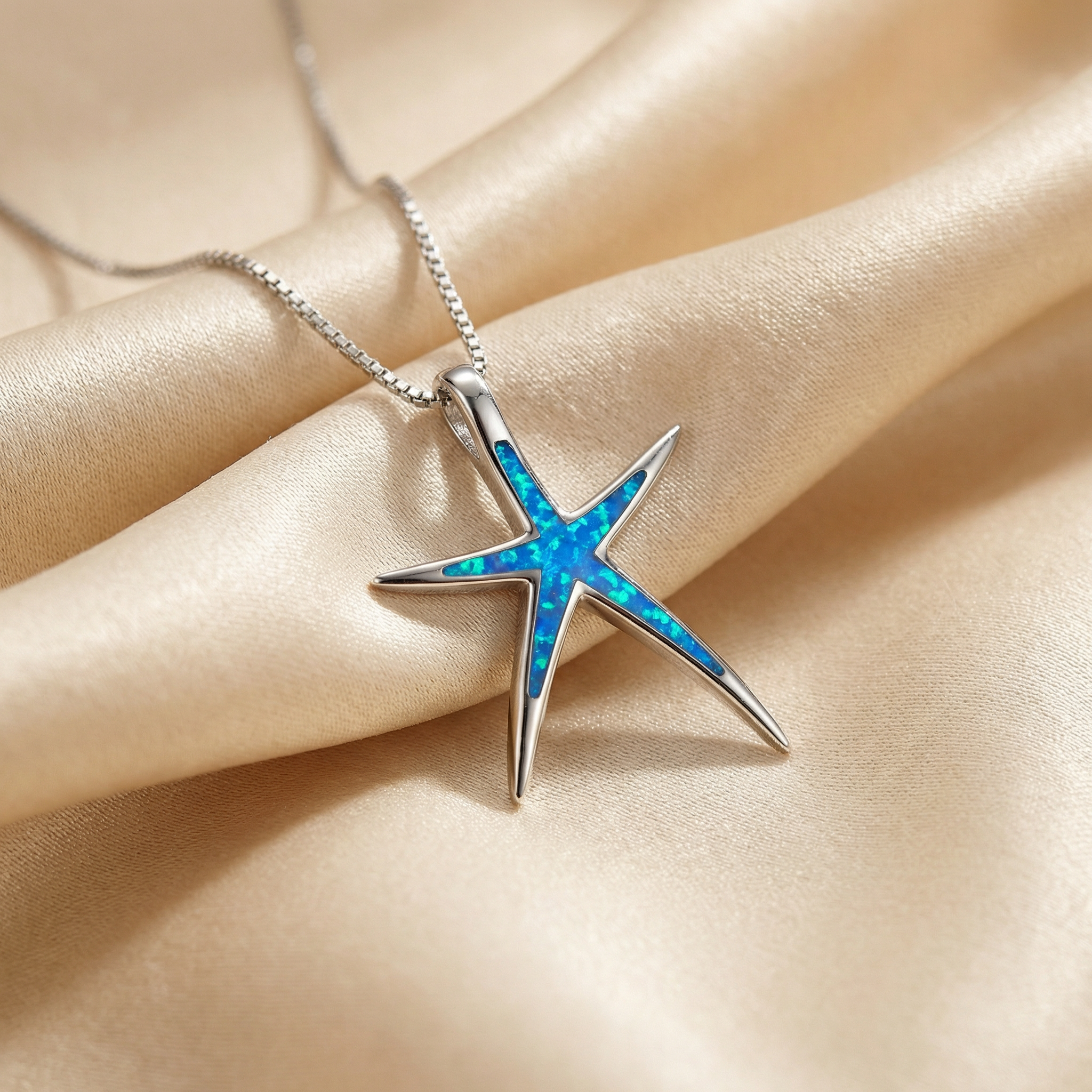 Blue Opal and Silver Starfish Necklace