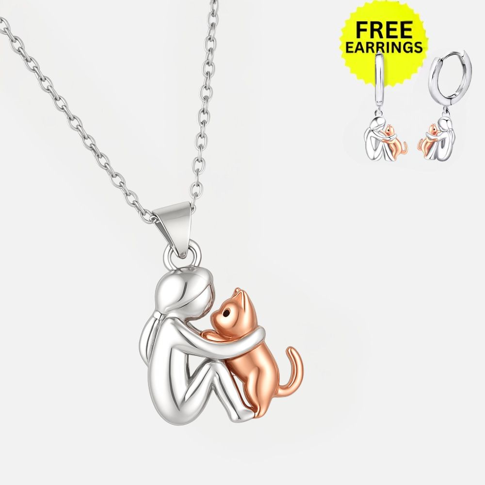 "Forever in Your Heart" Cat Hug Necklace Set + FREE Matching Earrings