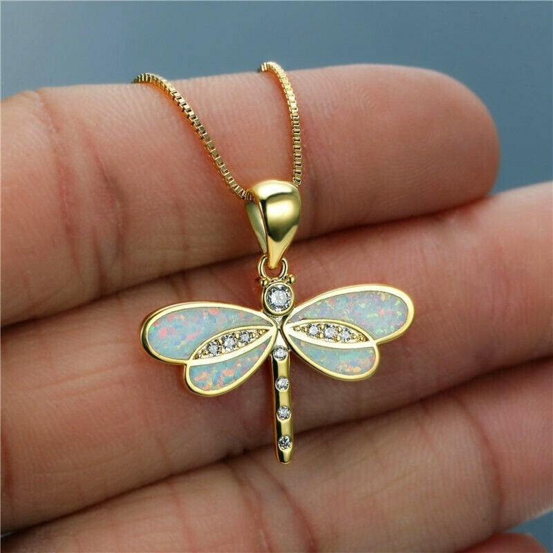 Sophisticated Gold Blue Opal Dragonfly Pendant Necklace