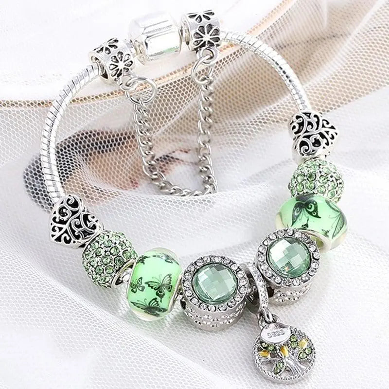 Elegant Sterling Silver Bracelet Featuring Green Crystal