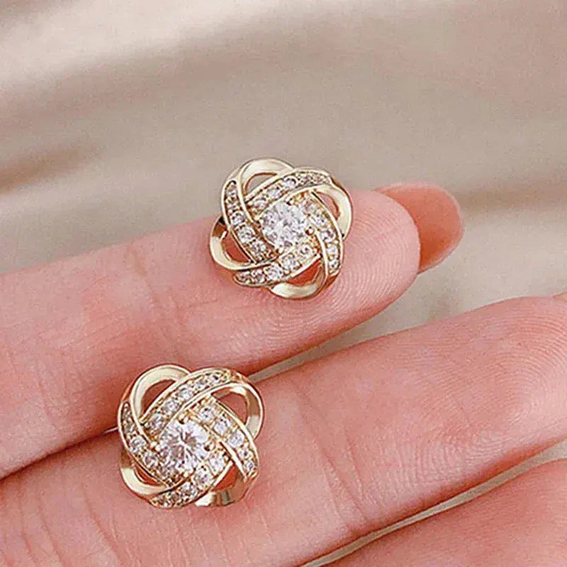 Gold Spiral Floral Crystal Stud Earrings