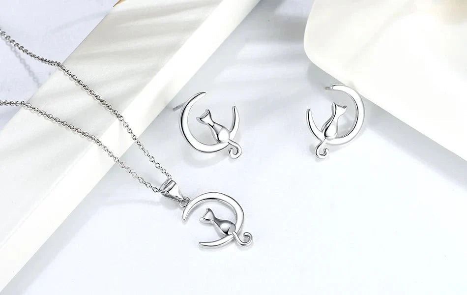 Moon & Cat Sterling Silver Stud Cat Earrings