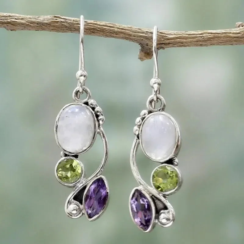 Moonstone Amethyst Peridot Cascade Earrings