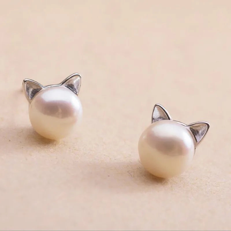 "Purrfectly Elegant" Pearl Cat Stud Earrings - Sterling Silver