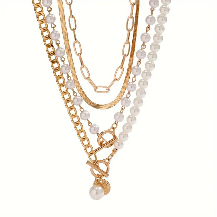 Vintage Pearl and Gold Snake Chain Necklace Set