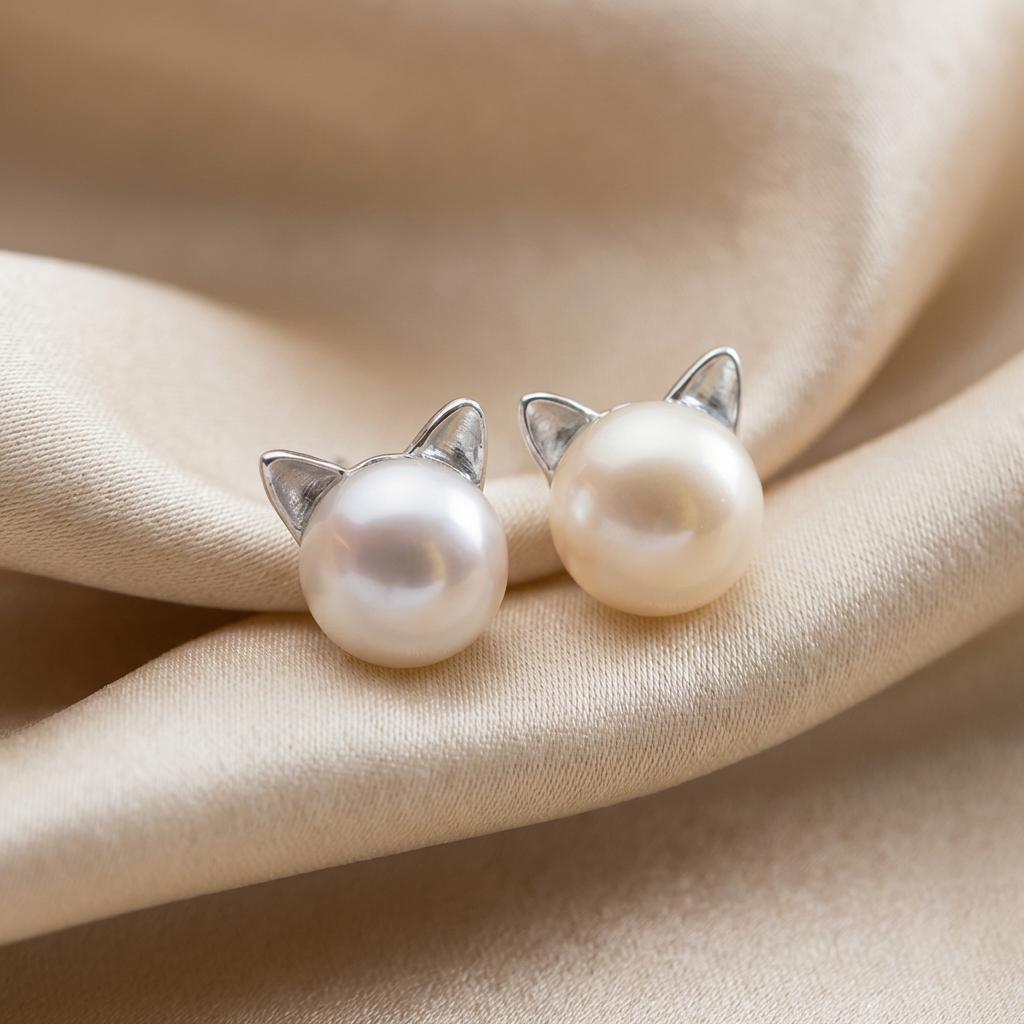 "Purrfectly Elegant" Pearl Cat Stud Earrings - Sterling Silver