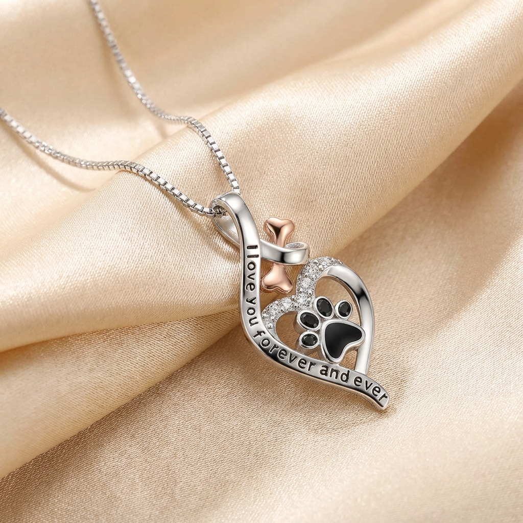 Lucky Paw Necklace with Heart, Bone & Infinity – “Always in My Heart” Pendant