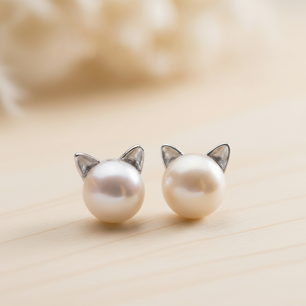 "Purrfectly Elegant" Pearl Cat Stud Earrings - Sterling Silver